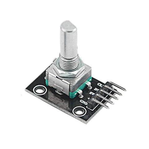 KY-040 rotary encoder module with detent push button on sensor board for 5 Pack KY-040 Rotary Encoder Module Kit With 120 Multicolor Breadboard Jumpers And Ribbon Cables, Detent Push Button, 360 Degree Rotation, 5V Sensor Board For DIY Arduino Projects And Microcontroller Learners.