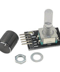 KY-040 rotary encoder module with detent button, nut, and washer from the 5 Pack KY-040 Rotary Encoder Module Kit With 120 Multicolor Breadboard Jumpers And Ribbon Cables, Detent Push Button, 360 Degree Rotation, 5V Sensor Board For DIY Arduino Projects And Microcontroller Learners.