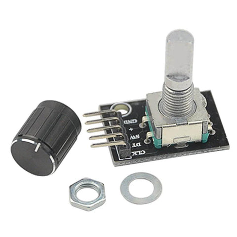 KY-040 rotary encoder module with detent button, nut, and washer from the 5 Pack KY-040 Rotary Encoder Module Kit With 120 Multicolor Breadboard Jumpers And Ribbon Cables, Detent Push Button, 360 Degree Rotation, 5V Sensor Board For DIY Arduino Projects And Microcontroller Learners.