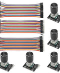 5 Pack KY-040 Rotary Encoder Module Kit with 120 multicolor breadboard jumpers and ribbon cables, detent push button, 360 degree rotation.