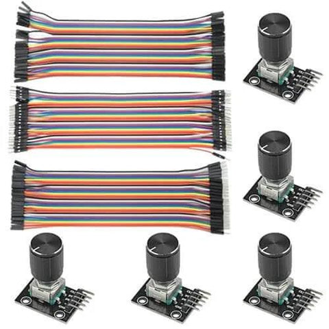 5 Pack KY-040 Rotary Encoder Module Kit with 120 multicolor breadboard jumpers and ribbon cables, detent push button, 360 degree rotation.