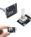 Close-up of Five Pack 360 Degree Rotary Encoder Module KY-040 Sensor Development Board with Push Button for Arduino Projects.