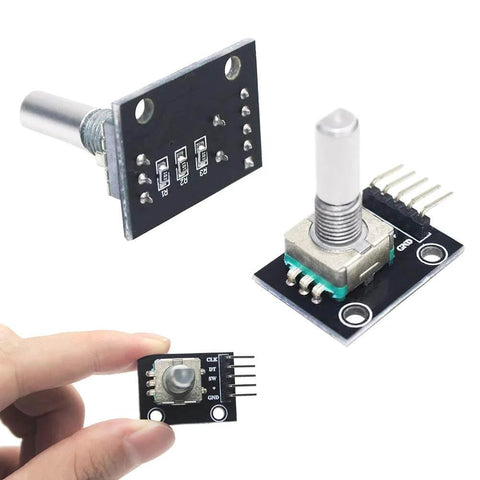 Close-up of Five Pack 360 Degree Rotary Encoder Module KY-040 Sensor Development Board with Push Button for Arduino Projects.