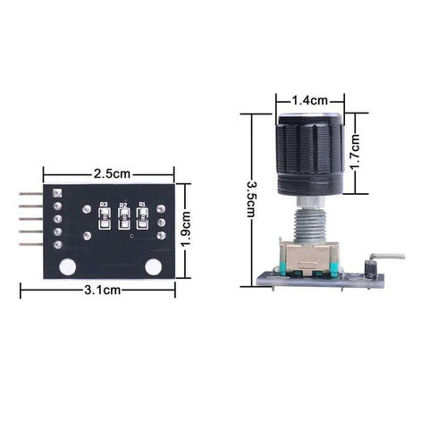 Five Pack 360 Degree Rotary Encoder Module KY-040 Sensor Development Board With Push Button dimensions diagram for Arduino projects.
