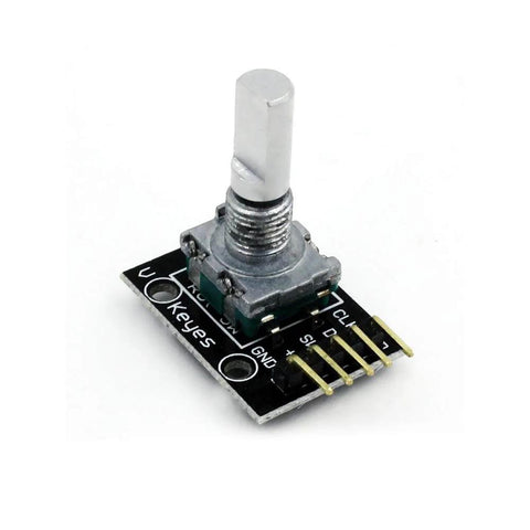 Single KY 040 rotary encoder module for Arduino Raspberry Pi, showing metal spindle and PCB connectors, 32x19x30 mm, 5V powered.