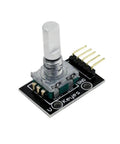 Close-up of KY 040 Rotary Encoder Module on black PCB with metal shaft for Arduino Raspberry Pi STM32, brick style, 32x19x30 mm.