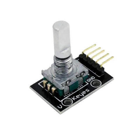 Close-up of KY 040 Rotary Encoder Module on black PCB with metal shaft for Arduino Raspberry Pi STM32, brick style, 32x19x30 mm.