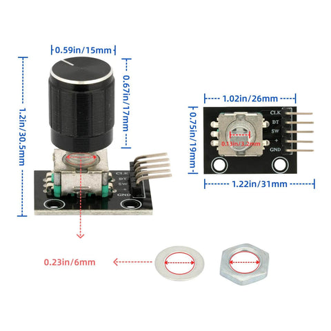 Six Pack KY-040 Rotary Encoder Modules With Push Button And Knob Cap For Arduino Makers And DIY Hobbyists, size details shown