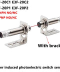 Laser Beam Photoelectric Switch With Infrared Sensor E3F 20L 20C1 NPN PNP, metal cylinders on brackets, 20 Meter Range, DC 6 To 36V.