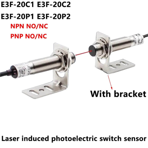Laser Beam Photoelectric Switch With Infrared Sensor E3F 20L 20C1 NPN PNP, metal cylinders on brackets, 20 Meter Range, DC 6 To 36V.