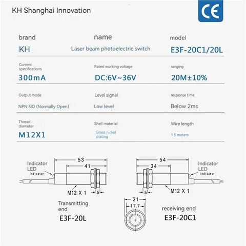 Technical specifications of Laser Beam Photoelectric Switch With Infrared Sensor E3F 20L 20C1 NPN PNP, 20 Meter Range, DC 6 To 36V.