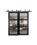 Matte Black Barn Style Bypass Doors With Clear Glass Panels 48 Inch By 80 Inch Sliding Door Kit with Steel Rails and All Hardware