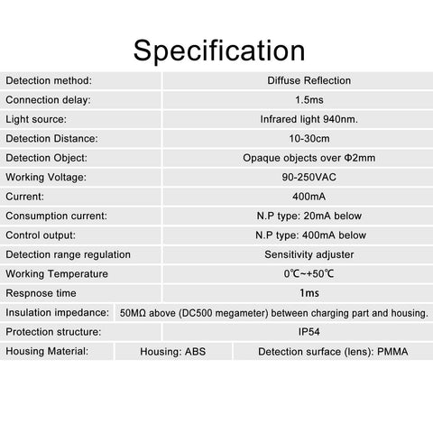 Specification sheet for M18 Column Infrared Photoelectric Proximity Switch Diffuse Reflection Sensor 10 To 30 Cm Range E3F DS30P3