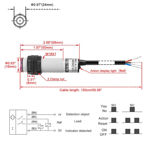 Diagram of M18 Column Infrared Photoelectric Proximity Switch Diffuse Reflection Sensor, wiring and dimensions detailed.