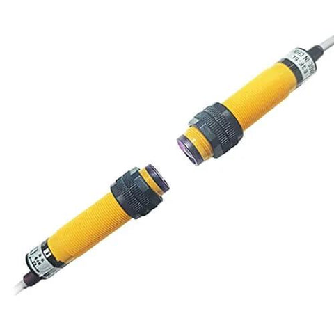 M18 Photoelectric Sensor Switch Proximity NPN NC Through-Beam DC 6-36V with Infrared 660nm sensors in yellow housing, 1.2m cable