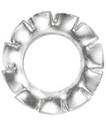 Close-up of M5 External Tooth Washers Set for DIY Projects, 304 Stainless Steel, serrated teeth, heavy-duty fasteners, silver color.