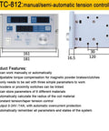 KTC-812 manual/semi-automatic tension controller with features list and dimensions