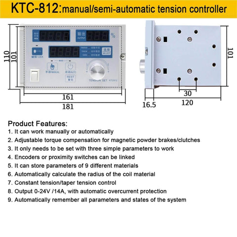 KTC-812 manual/semi-automatic tension controller with features list and dimensions