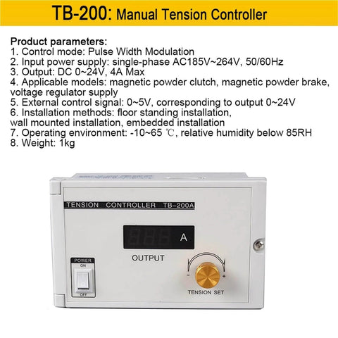 Front view of TB-200 manual tension controller with display and adjustment knob for Pro Grade Magnetic Powder Brake Tension Controller Kit For Textile Unwinding.