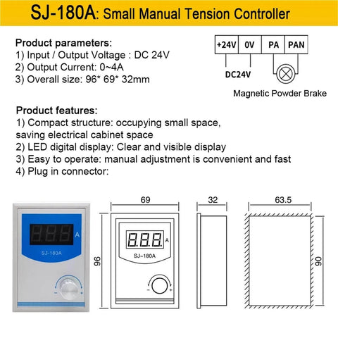 Diagram and specifications for SJ-180A small manual tension controller, DC24V, featuring compact design for Pro Grade Magnetic Powder Brake Tension Controller Kit For Textile Unwinding.