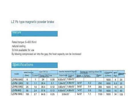 LZ Pb type magnetic powder brake specifications; table shows model, rated torque, coil, inertia moment, cooling, and allowable slip.