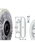 Hollow Shaft Magnetic Particle Brake 50 Nm Torque, 5 Kg Load Capacity, industrial brake with technical diagram and side view