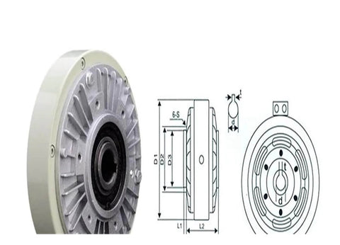 Hollow Shaft Magnetic Particle Brake 50 Nm Torque, 5 Kg Load Capacity, industrial brake with technical diagram and side view