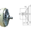 Diagram and image of Magnetic Particle Clutch And Magnetic Powder Brake For Slitting Machines, showing dimensions and design.