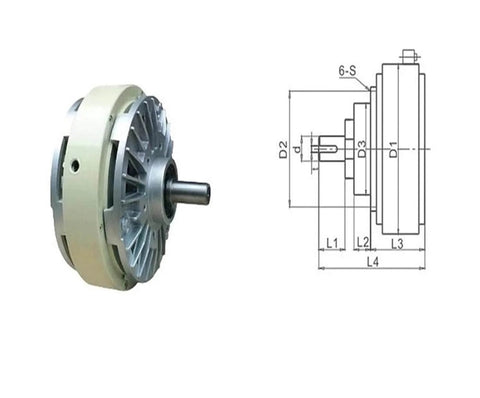 Diagram and image of Magnetic Particle Clutch And Magnetic Powder Brake For Slitting Machines, showing dimensions and design.