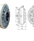 Front view and technical diagram of Magnetic Particle Clutch And Magnetic Powder Brake For Slitting Machines, No Fuss Torque Control