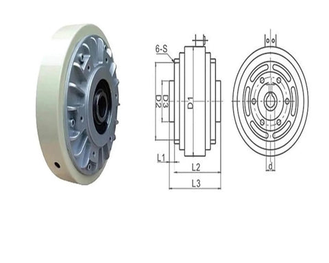 Front view and technical diagram of Magnetic Particle Clutch And Magnetic Powder Brake For Slitting Machines, No Fuss Torque Control
