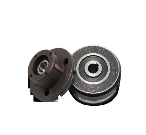 Magnetic Particle Clutch and Magnetic Powder Brake for Precise Torque Control in Automated Systems, front view, metal components.
