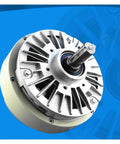 Close-up of two-axis magnetic powder clutch and brake system showing adjustable torque mechanism for precise control.