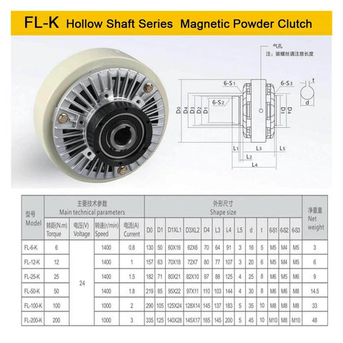 FL-K Hollow Shaft Series Magnetic Powder Clutch with technical specifications for textile winding machines.