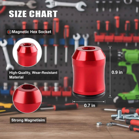 Pro Grade Magnetic Screw Ring Set With One Quarter Inch 6.35mm Universal Magnetic Heads Five Pack on pegboard with tools
