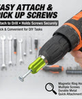 Drill with Pro Grade Magnetic Screw Ring Set holding a screw, features 1/4 inch universal magnetic head, durable alloy core.
