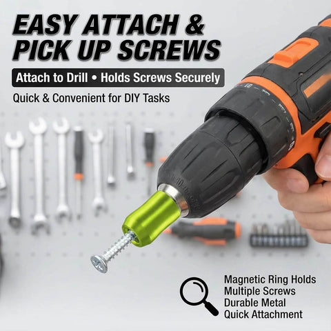 Drill with Pro Grade Magnetic Screw Ring Set holding a screw, features 1/4 inch universal magnetic head, durable alloy core.