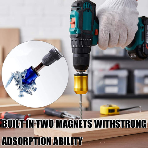 Pro Grade Magnetic Screw Ring Set With One Quarter Inch 6.35mm Universal Magnetic Heads Five Pack in use with drill