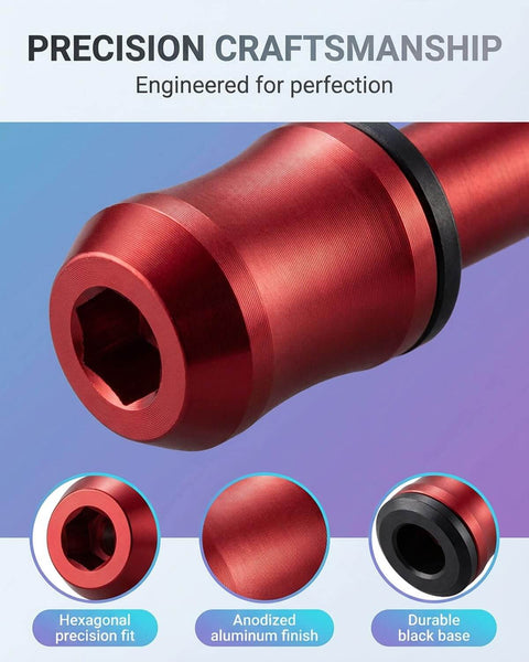 Close-up of red anodized aluminum magnetic screw ring showing hexagonal precision fit and durable design, product focus keyword: Magnetic Screw Ring For One Quarter Inch Bits, Universal Magnetic Head, One Handed Screwing Aid, Tight Space Screwdriver Accessory, Pro Grade Alloy Steel Ring For Repairs And Assembly.