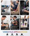 Collage showing Magnetic Screw Ring For One Quarter Inch Bits in use by an electrician, carpenter, mechanic, DIY enthusiast, motorcycle racer, and builder.