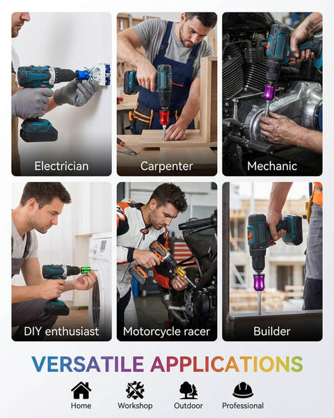 Collage showing Magnetic Screw Ring For One Quarter Inch Bits in use by an electrician, carpenter, mechanic, DIY enthusiast, motorcycle racer, and builder.