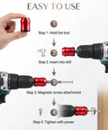 Image showing step-by-step use of Magnetic Screw Ring For One Quarter Inch Bits with universal magnetic head in a drill.
