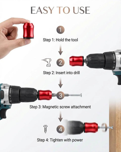 Image showing step-by-step use of Magnetic Screw Ring For One Quarter Inch Bits with universal magnetic head in a drill.