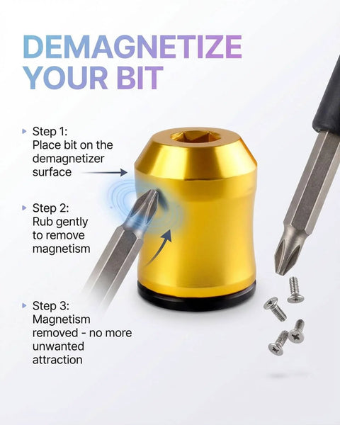 Magnetic Screw Ring For One Quarter Inch Bits showing demagnetizing process with screwdriver and screws, universal magnetic head.