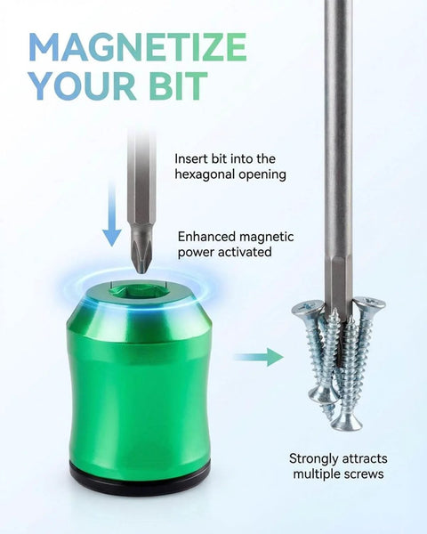 Magnetic Screw Ring For One Quarter Inch Bits, universal magnetic head showing bit insertion for one handed screwing aid.