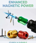 Magnetic Screw Ring For One Quarter Inch Bits shown with a green Universal Magnetic Head magnetizing screws, with gold and red rings nearby.