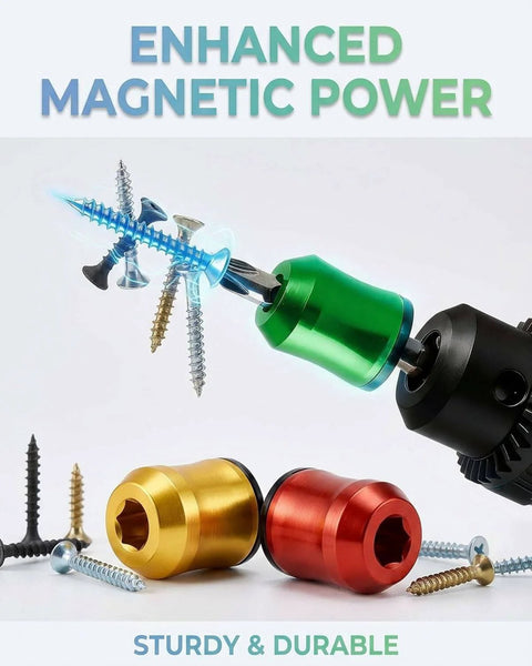 Magnetic Screw Ring For One Quarter Inch Bits shown with a green Universal Magnetic Head magnetizing screws, with gold and red rings nearby.