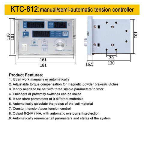 KTC-812 manual/semi-automatic tension controller with adjustable torque for magnetic powder brakes, shown with dimensions in mm