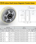 FZ-K hollow shaft series magnetic powder brake with technical specifications chart and side view diagram