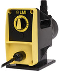 PD051-838SI Manual Control Metering Pump for DIY Pros, yellow PVC head with fittings, front view showcasing dial and cables.